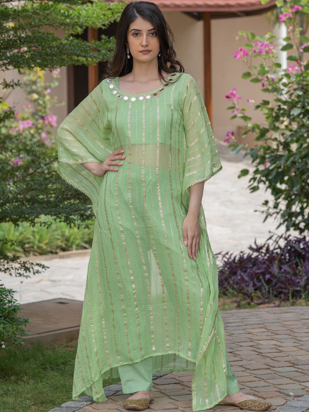 

HOUSE OF JAMOTI Striped Regular Mirror Work Pure Cotton Kurta with Trousers, Green