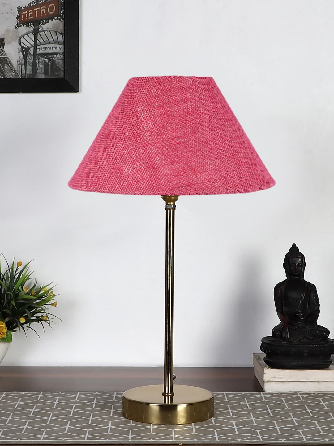 

Devansh Pink & Gold-Toned Textured Metal Table Lamp With Jute Shade