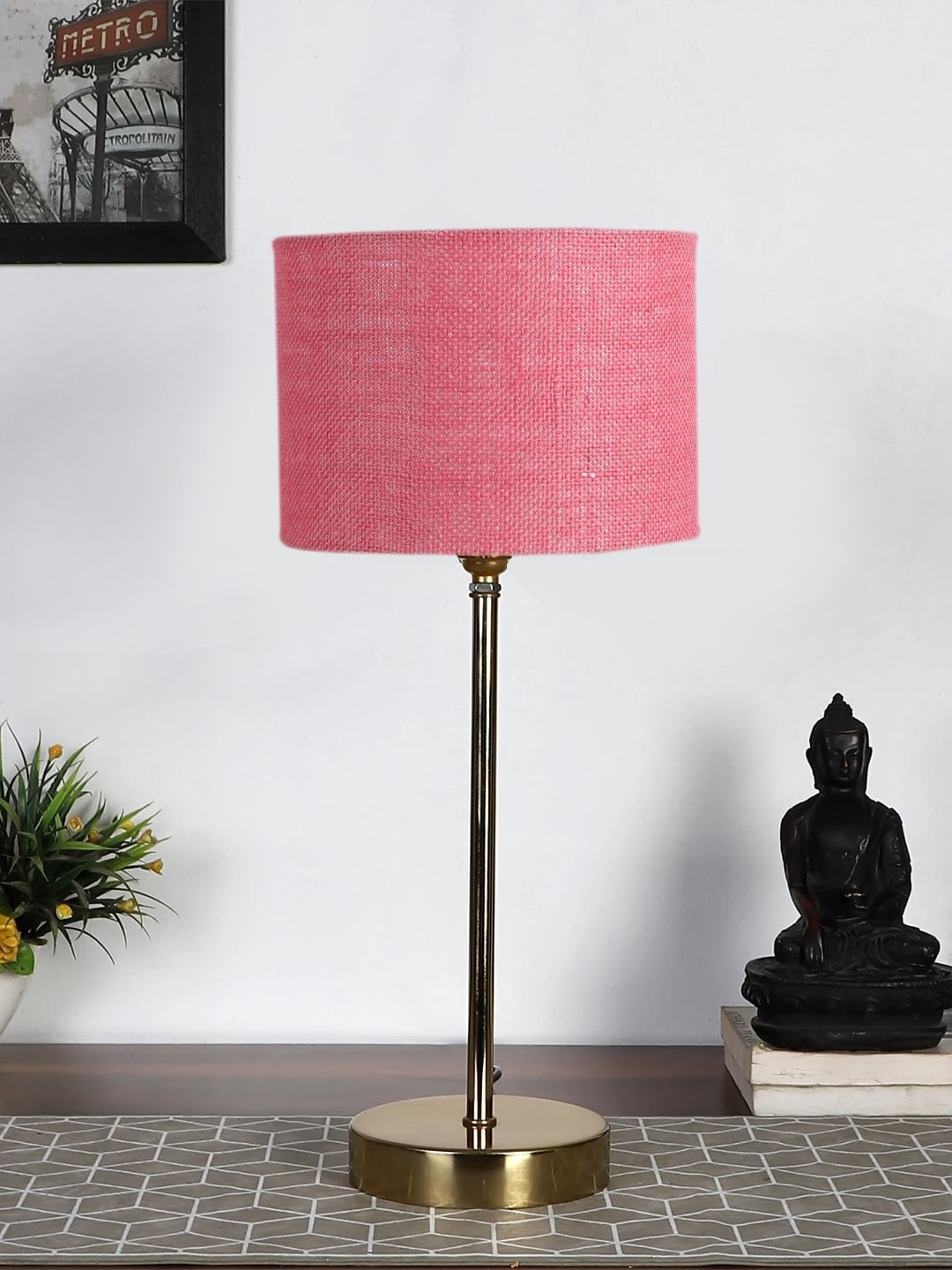 

Devansh Pink & Gold-Toned Textured Metal Table Lamp With Jute Shade