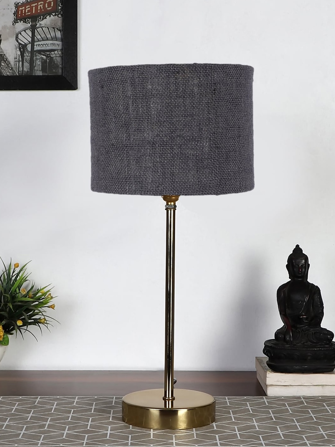 

Devansh Grey & Gold-Toned Textured Metal Table Lamp With Jute Shade