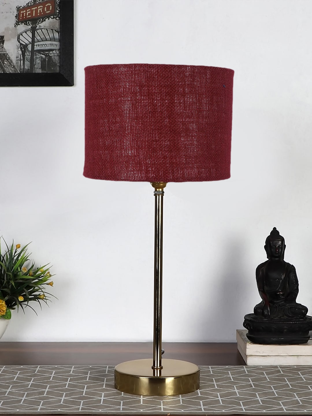 

Devansh Maroon & Gold-Toned Textured Metal Table Lamp With Jute Shade