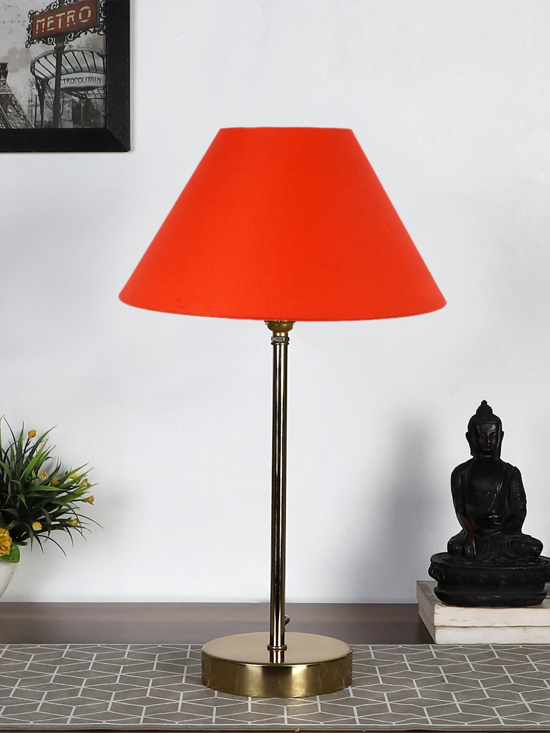 

Devansh Orange-Colored & Gold-Toned Metal Table Lamp With Cotton Shade, Red