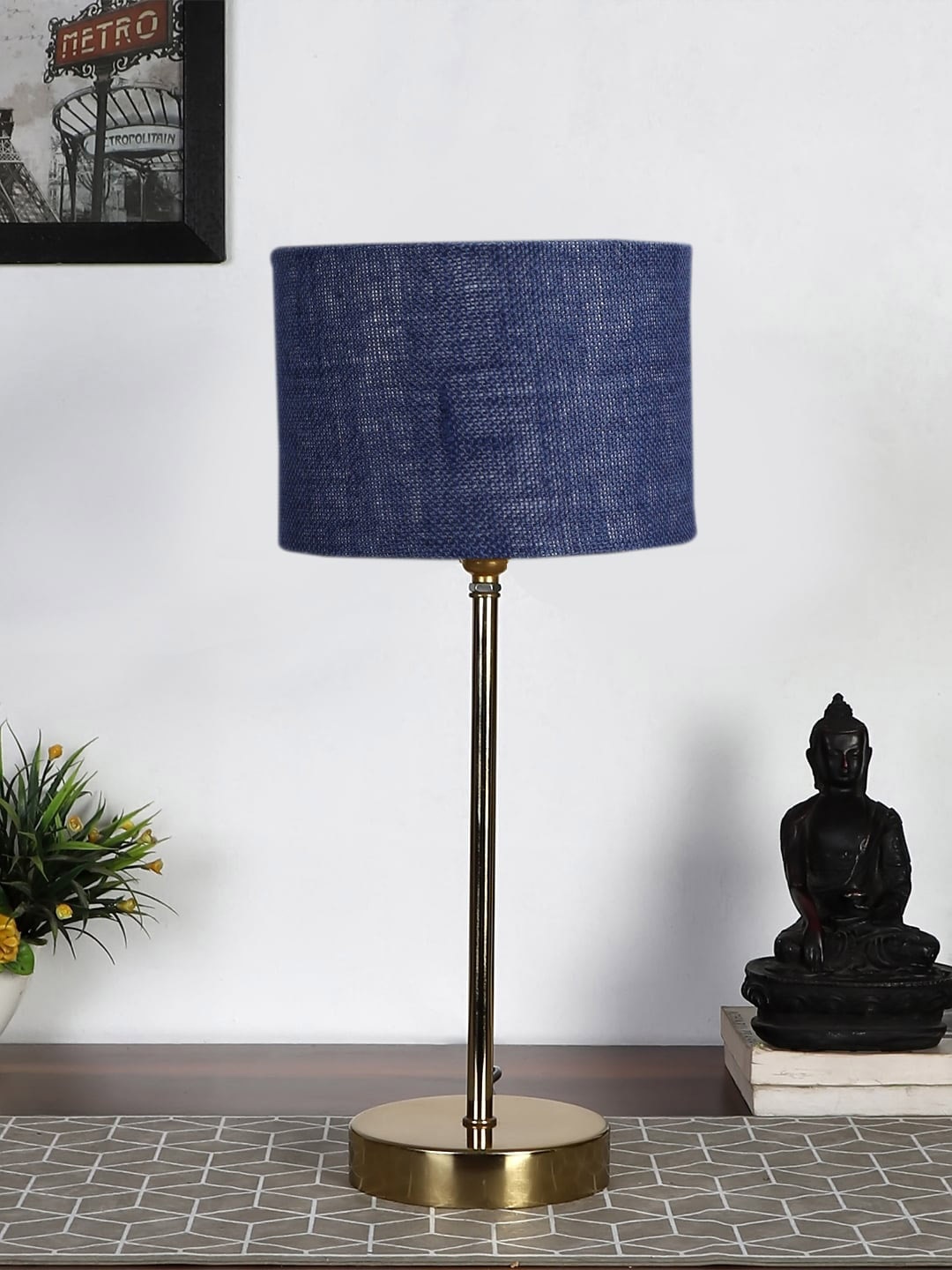 

Devansh Blue & Gold-Toned Textured Metal Table Lamp With Jute Shade