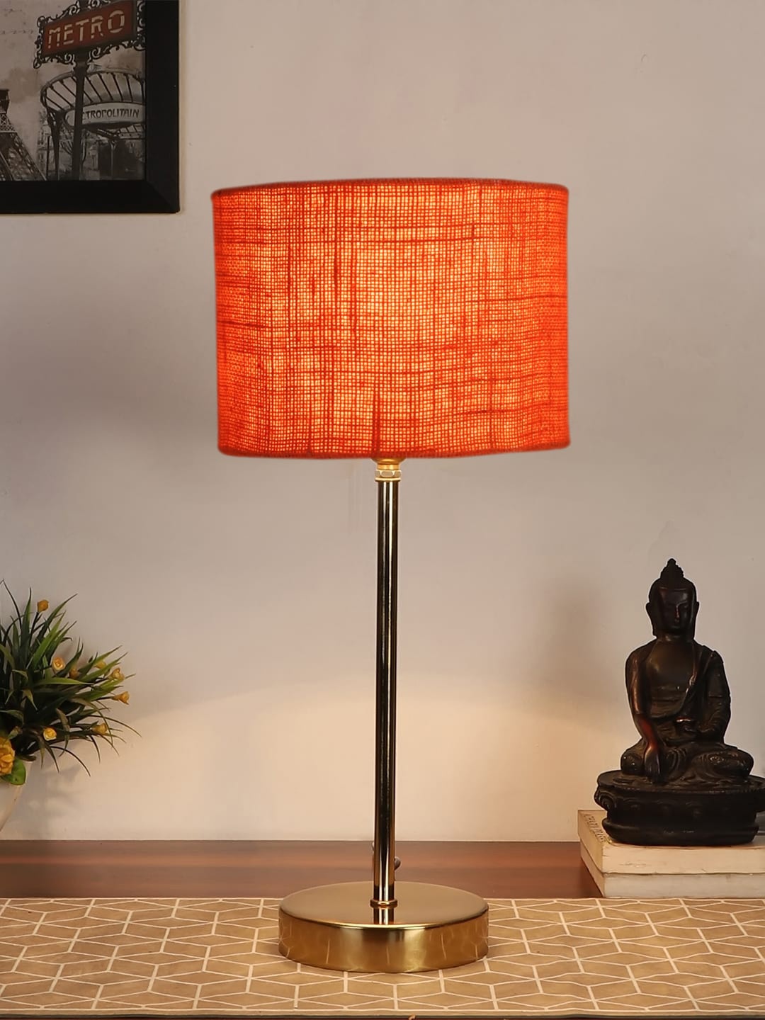 

Devansh Orange-Colored & Gold-Toned Textured Metal Table Lamp With Jute Shade