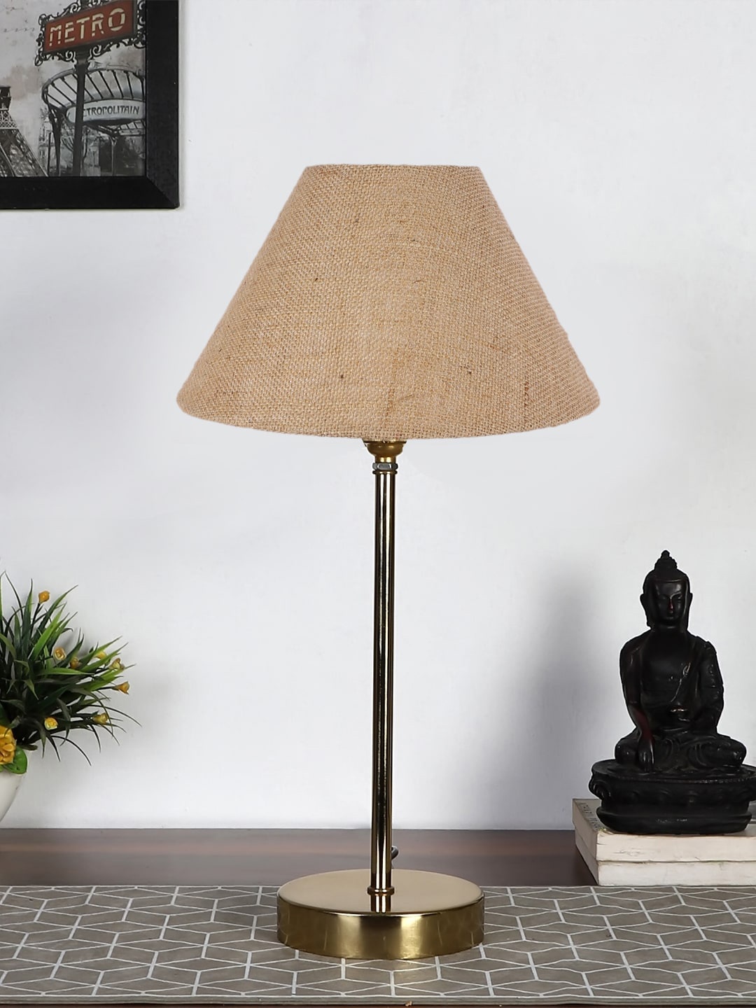 

Devansh Beige & Gold-Toned Textured Metal Table Lamp With Jute Shade