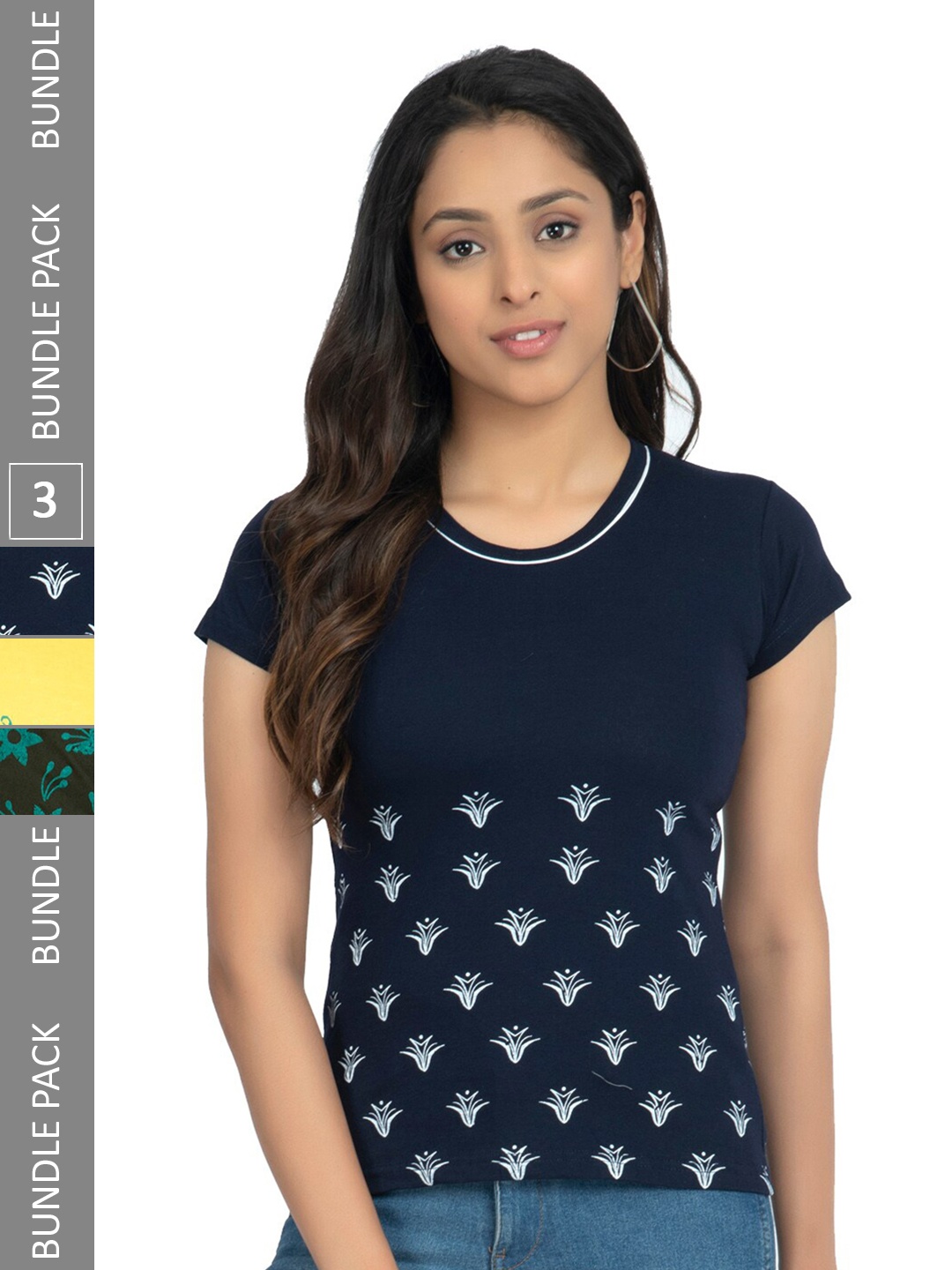 

IndiWeaves Pack Of 3 Floral Printed Pure Cotton T-shirt, Navy blue