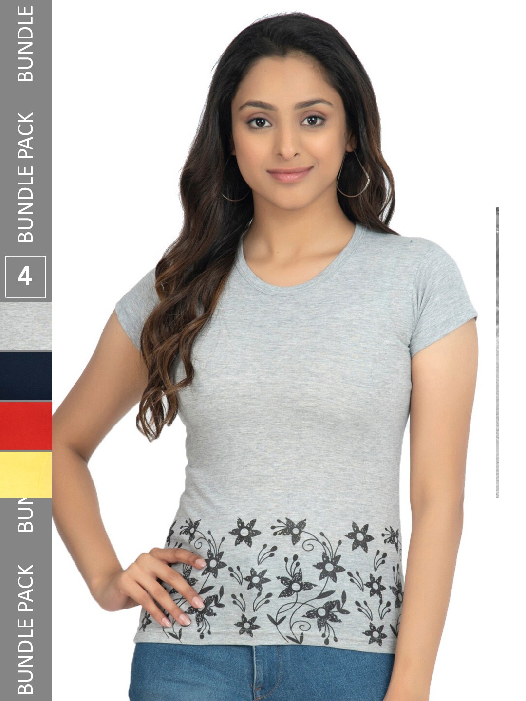 

IndiWeaves Pack Of 4 Floral Printed Pure Cotton T-shirt, Grey