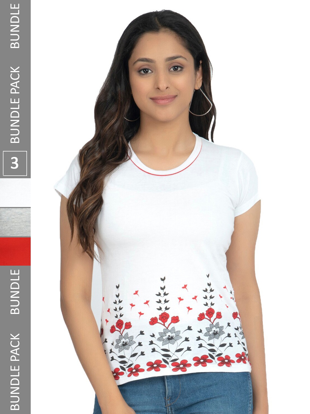 

IndiWeaves Pack Of 3 Floral Printed Pure Cotton Casual T-Shirts, White