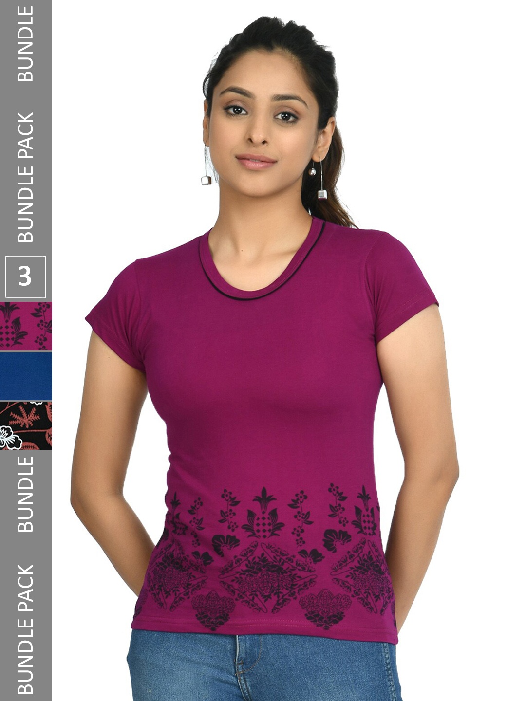 

IndiWeaves Pack Of 3 Floral Printed Pure Cotton T-Shirt, Purple