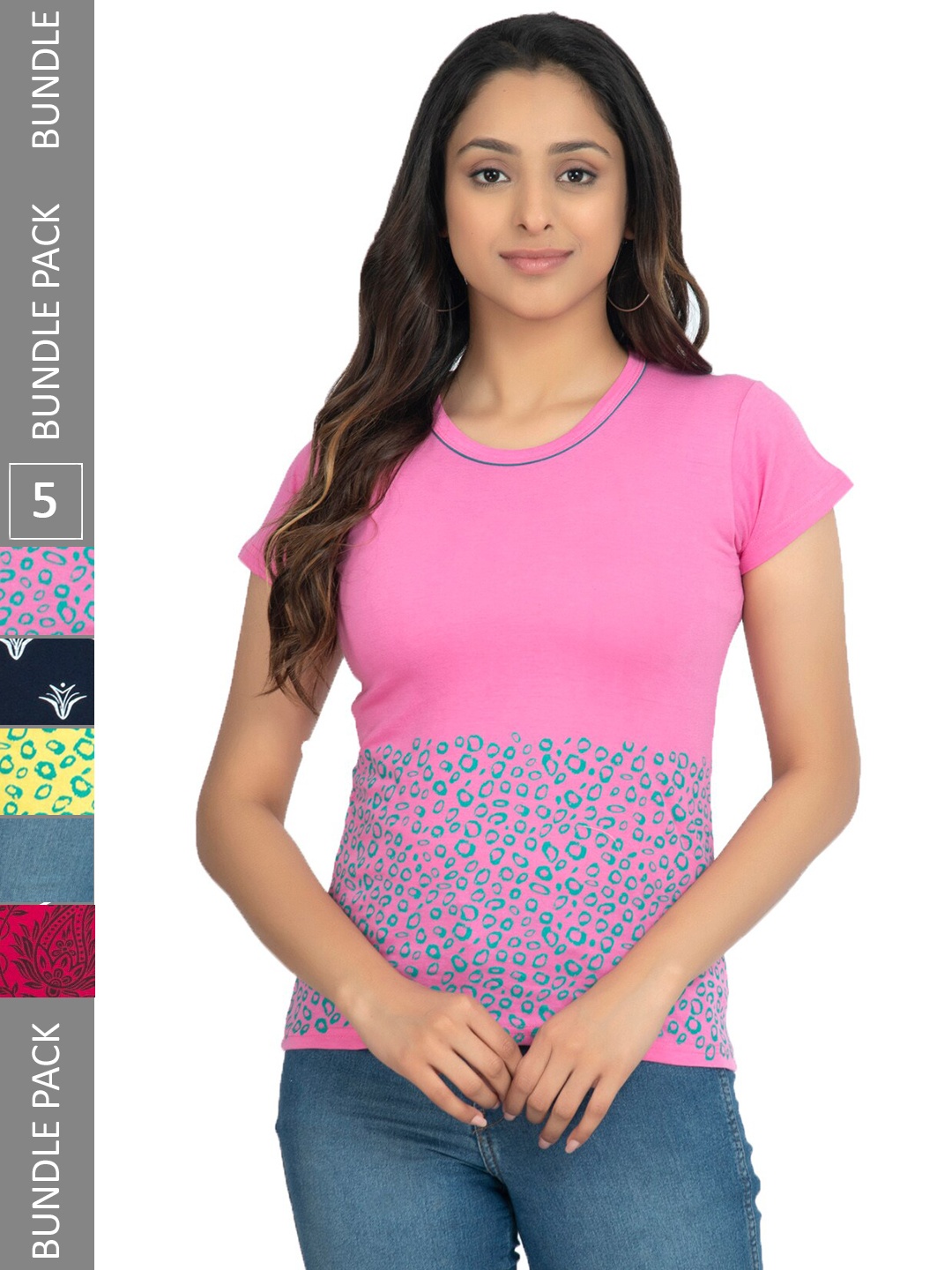 

IndiWeaves Pack Of 5 Printed Pure Cotton T-shirt, Pink