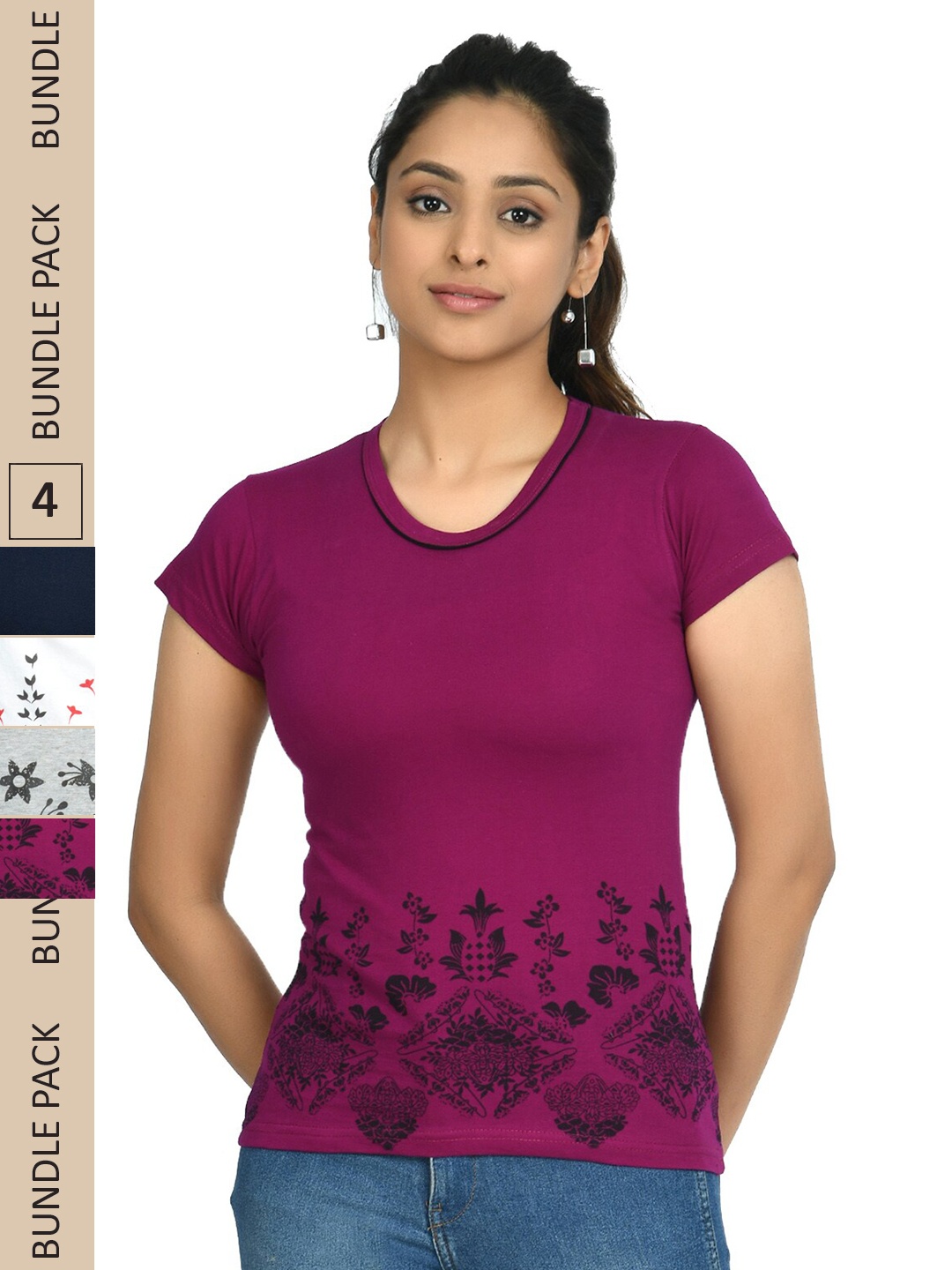

IndiWeaves Pack Of 4 Floral Printed Pure Cotton T-shirt, Purple