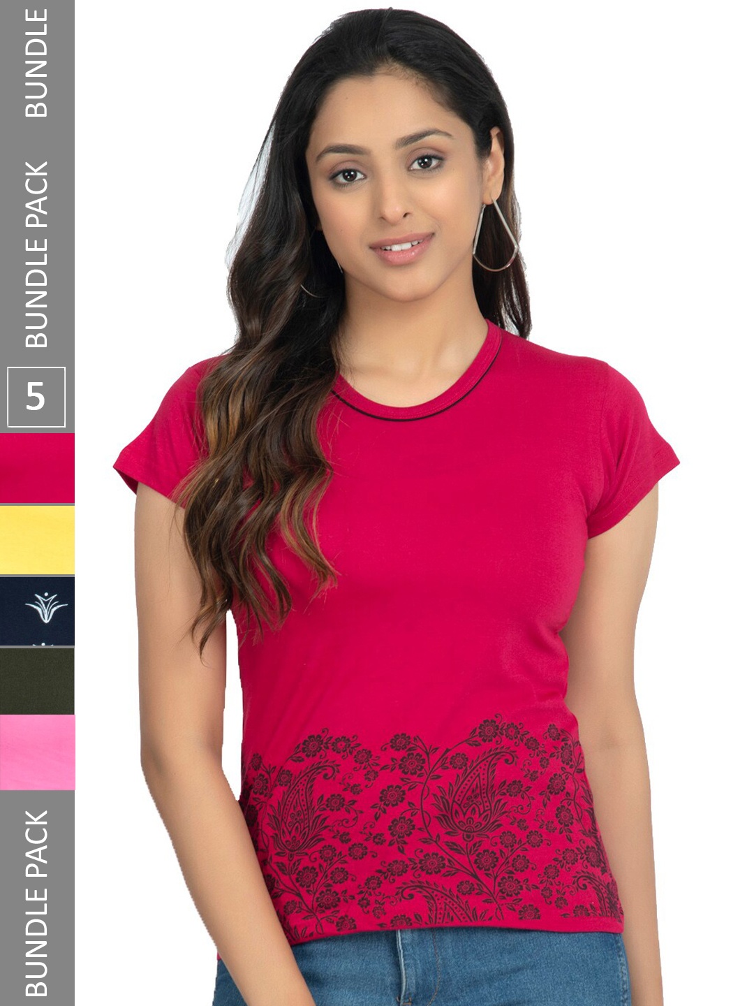 

IndiWeaves Pack Of 5 Floral Printed Pure Cotton T-shirt, Pink