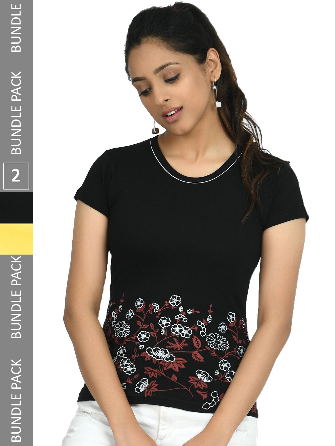 

IndiWeaves Pack Of 2 Printed Round Neck Pure Cotton T-shirt, Yellow