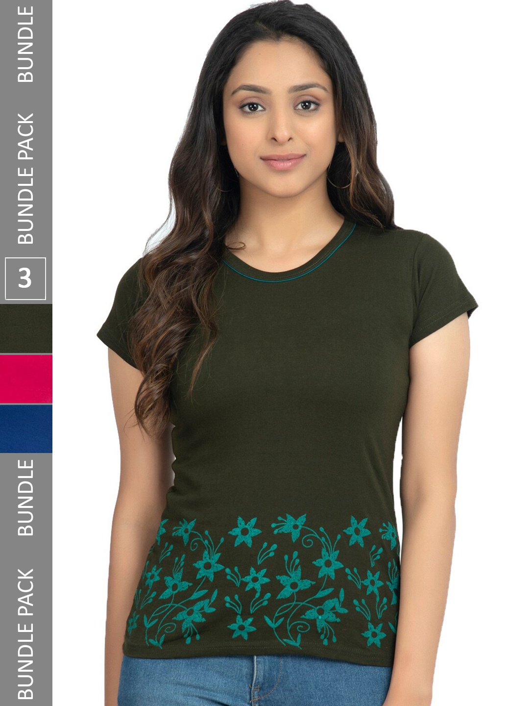 

IndiWeaves Pack Of 3 Floral Printed Pure Cotton T-shirt, Olive
