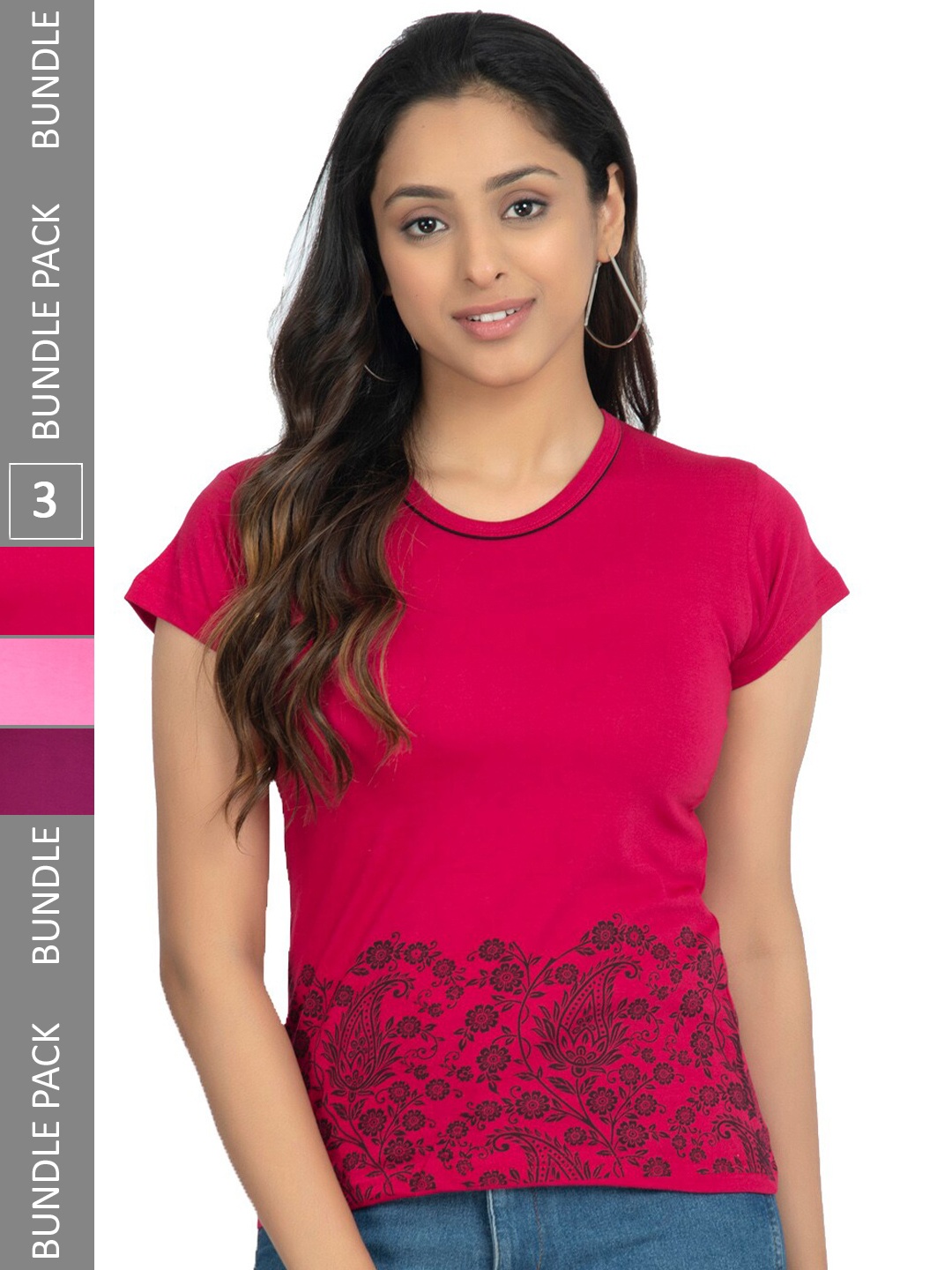 

IndiWeaves Pack Of 3 Printed Casual Pure Cotton T-shirts, Pink