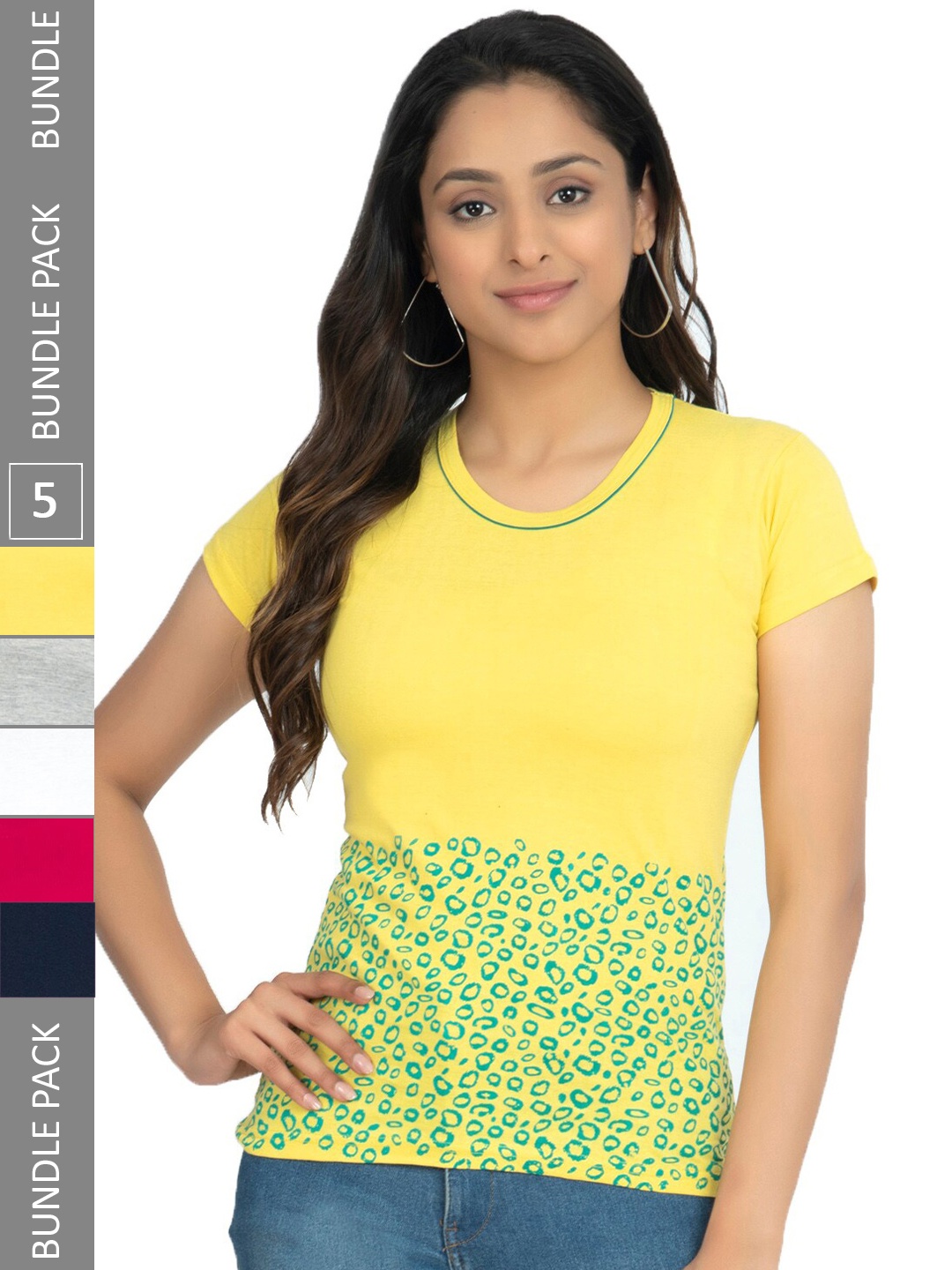 

IndiWeaves Pack Of 5 Printed Casual Pure Cotton T-shirts, Yellow
