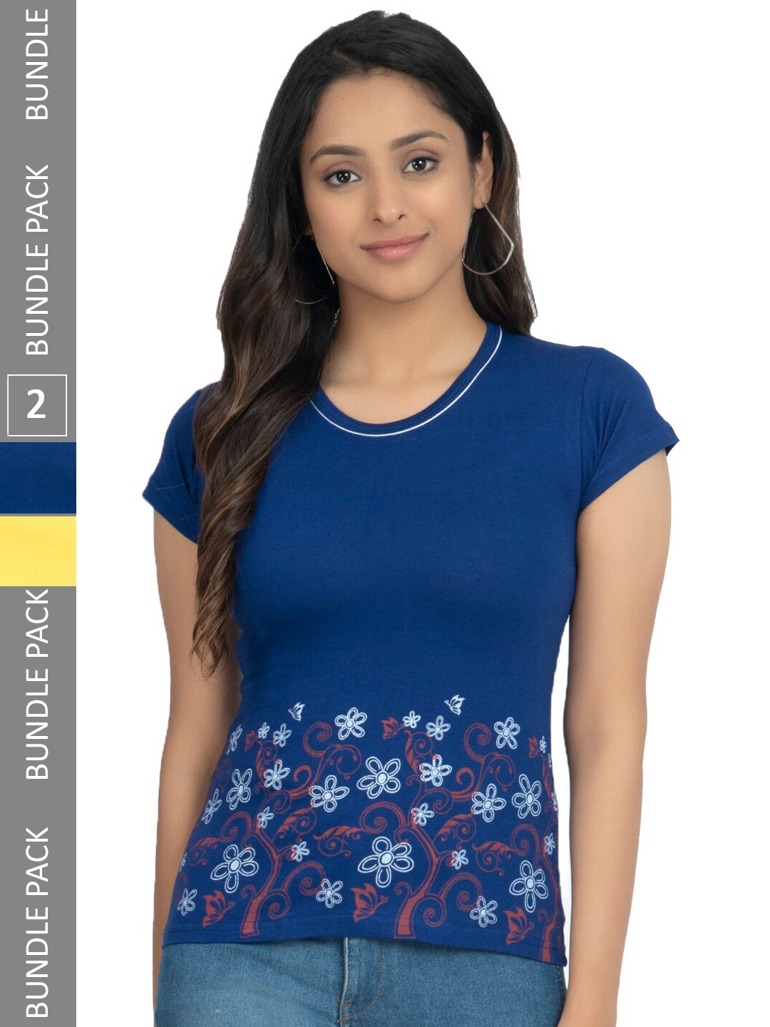 

IndiWeaves Pack Of 2 Floral Printed Pure Cotton T-shirt, Blue