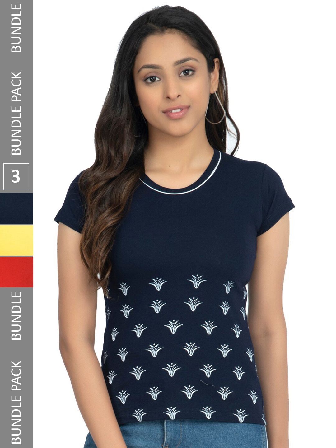 

IndiWeaves Pack Of 3 Printed Pure Cotton T-shirts, Navy blue