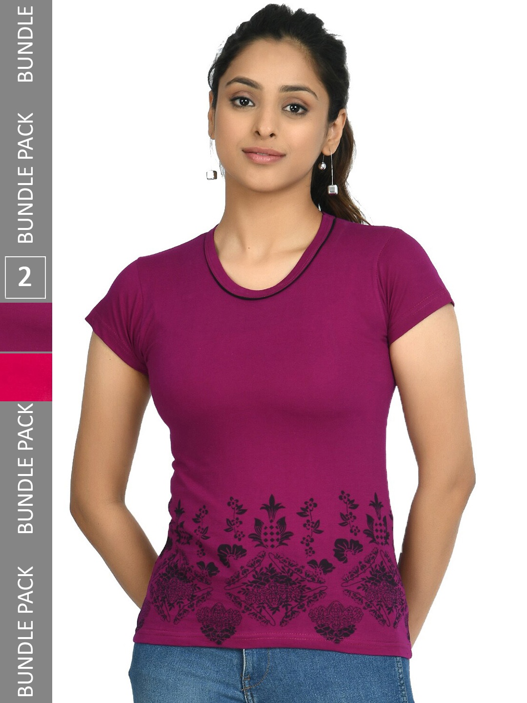 

IndiWeaves Pack Of 2 Printed Pure Cotton T-shirts, Purple