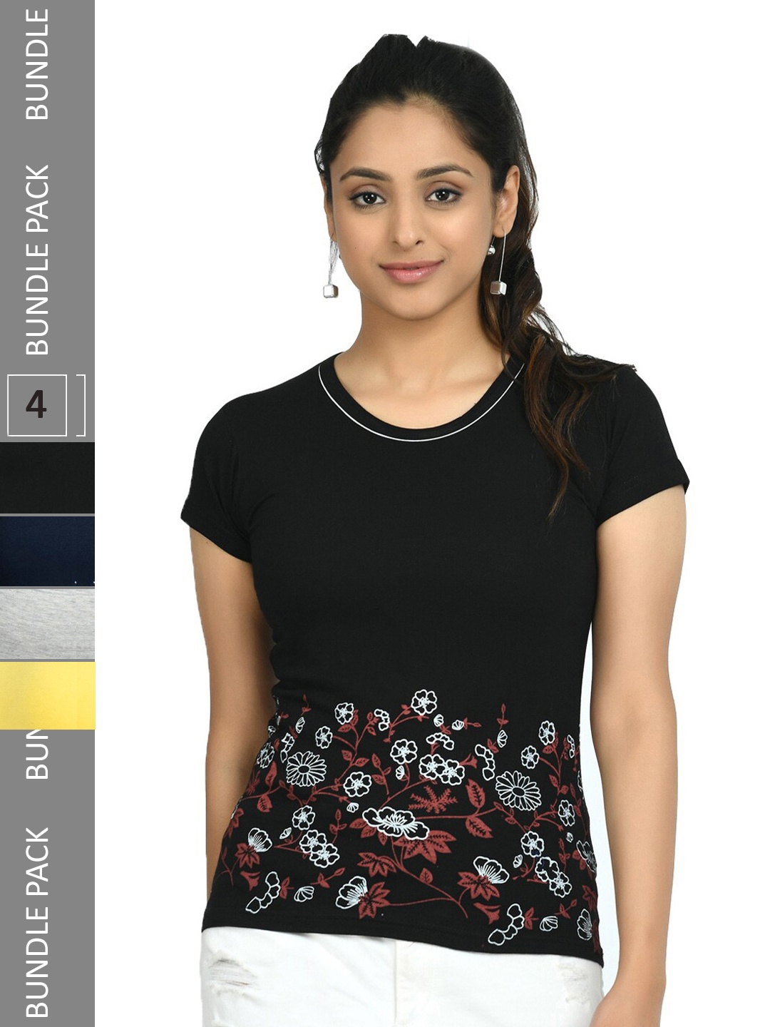 

IndiWeaves Pack Of 4 Printed Pure Cotton T-shirt, Black