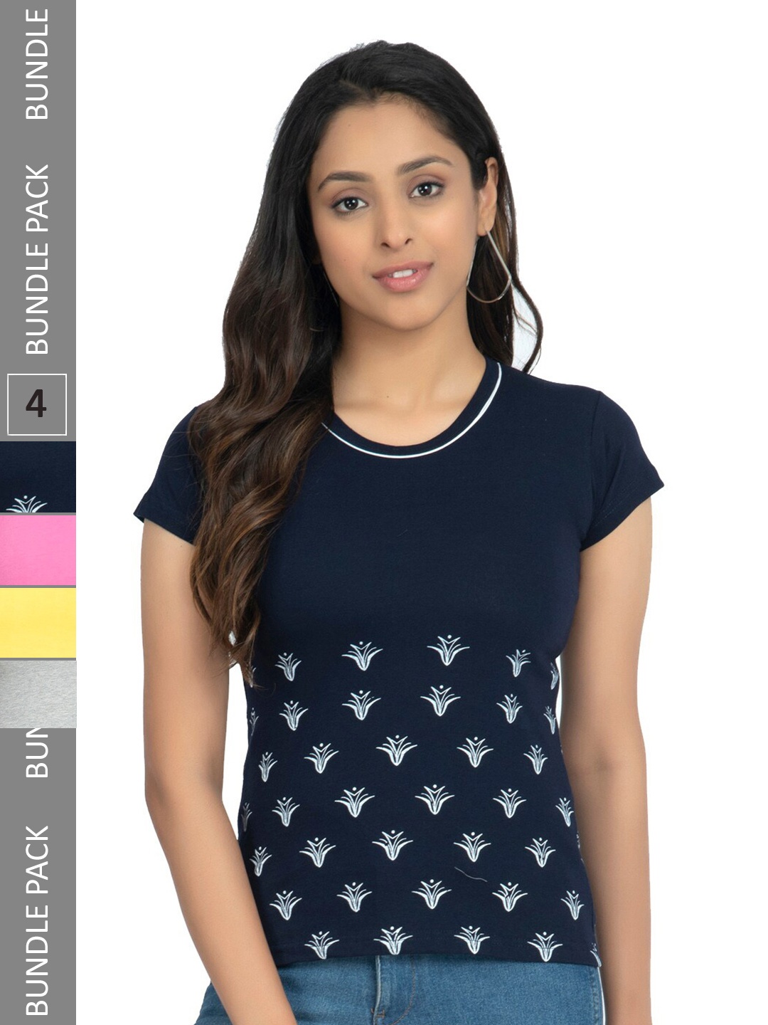 

IndiWeaves Pack Of 5 Floral Printed Pure Cotton T-shirt, Navy blue