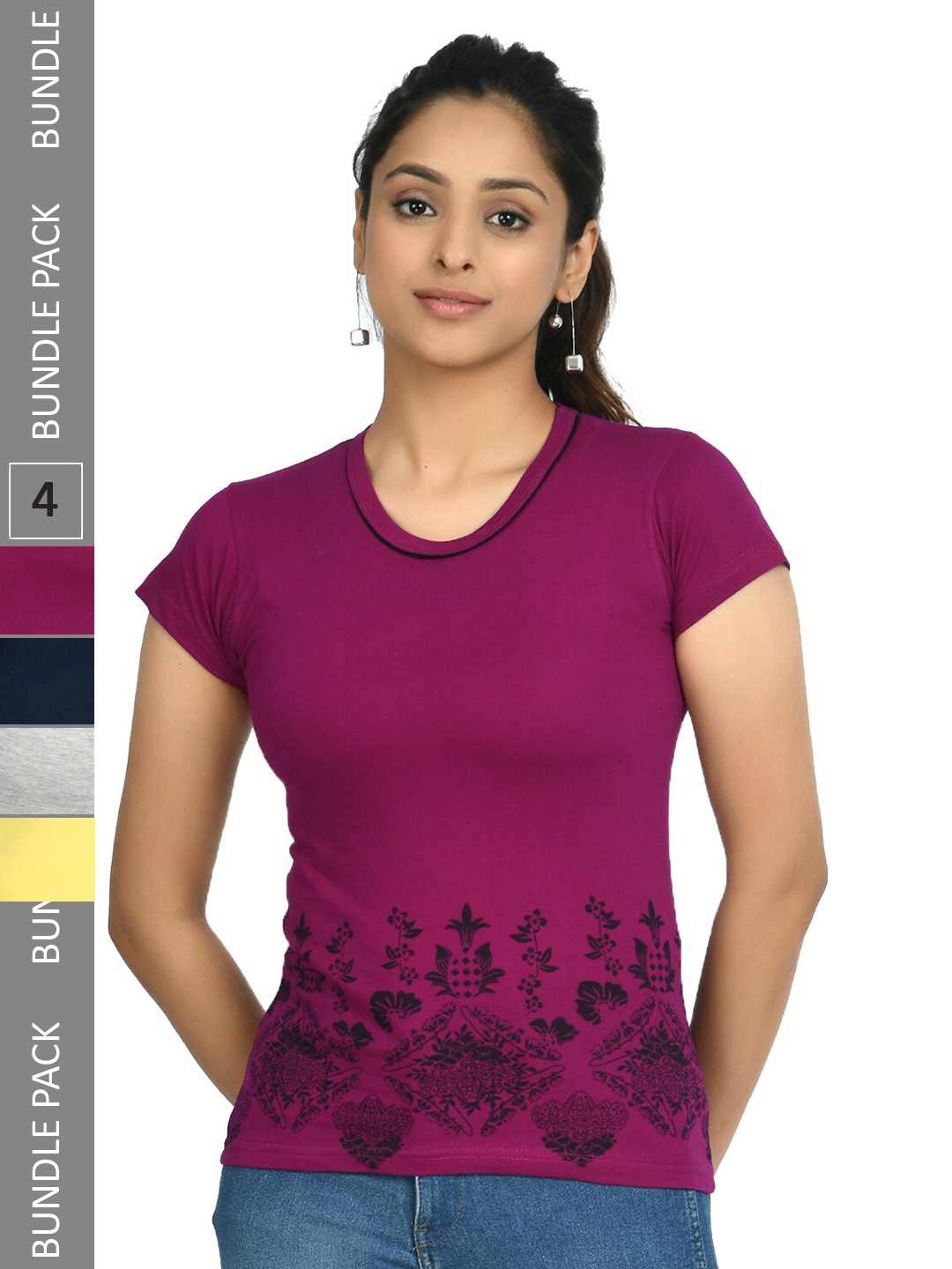 

IndiWeaves Pack Of 4 Printed Pure Cotton T-shirt, Purple