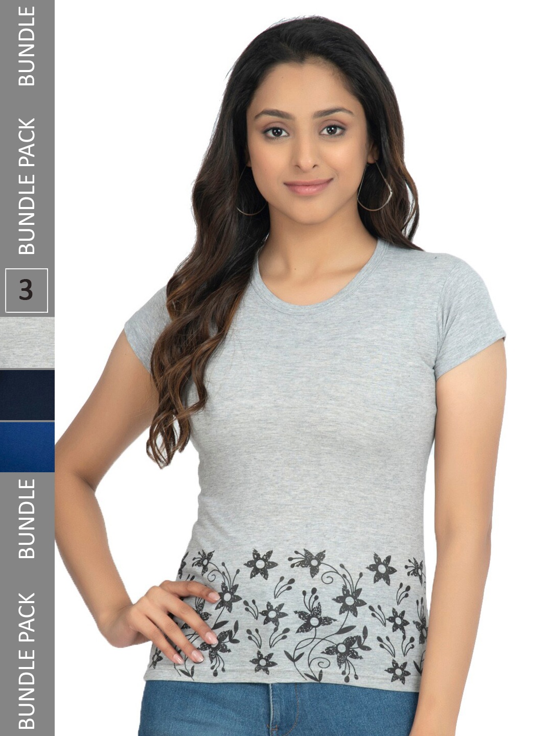 

IndiWeaves Pack Of 3 Floral Printed Pure Cotton T-Shirt, Grey
