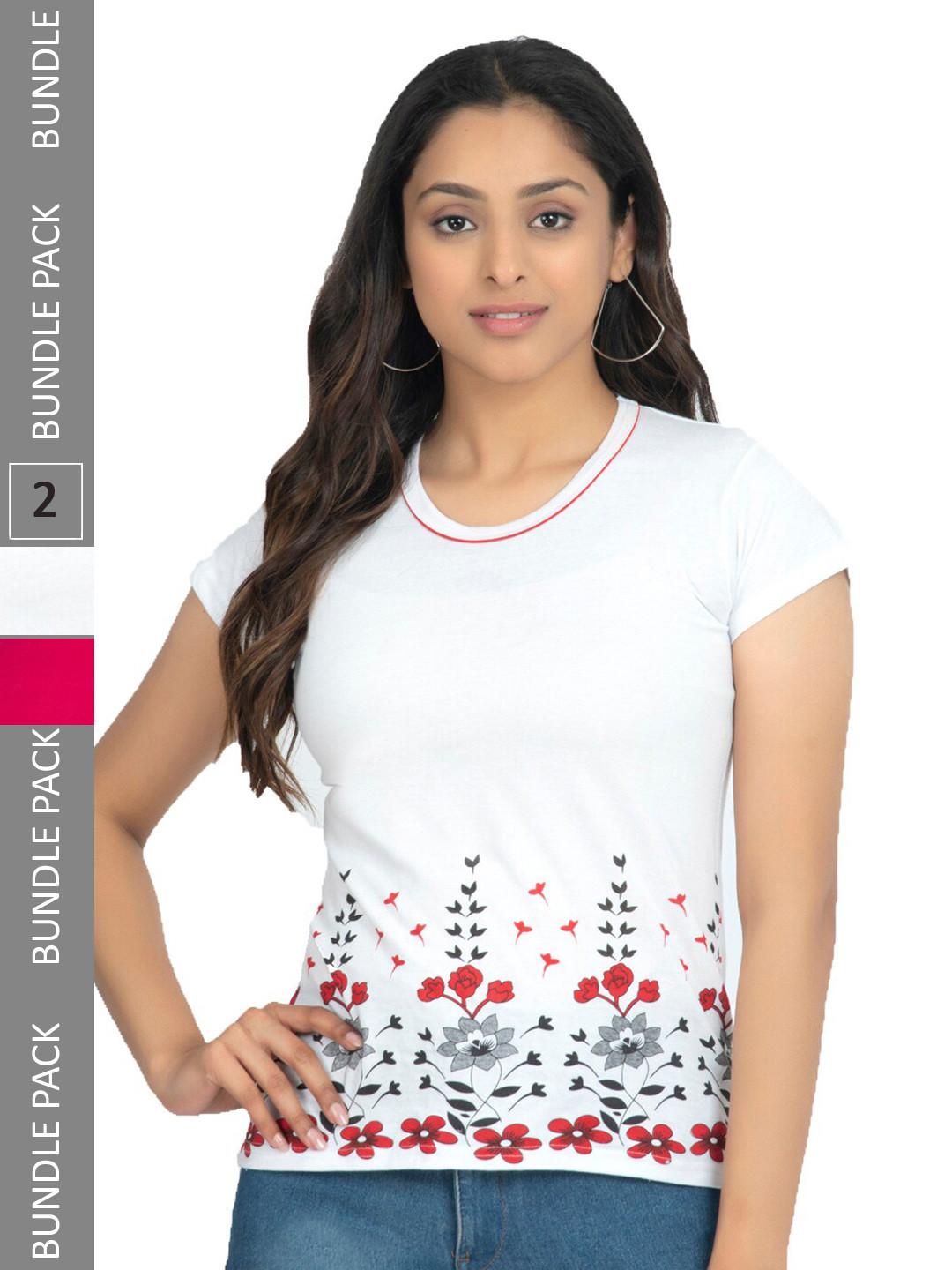 

IndiWeaves Pack Of 2 Floral Printed Pure Cotton T-shirt, White