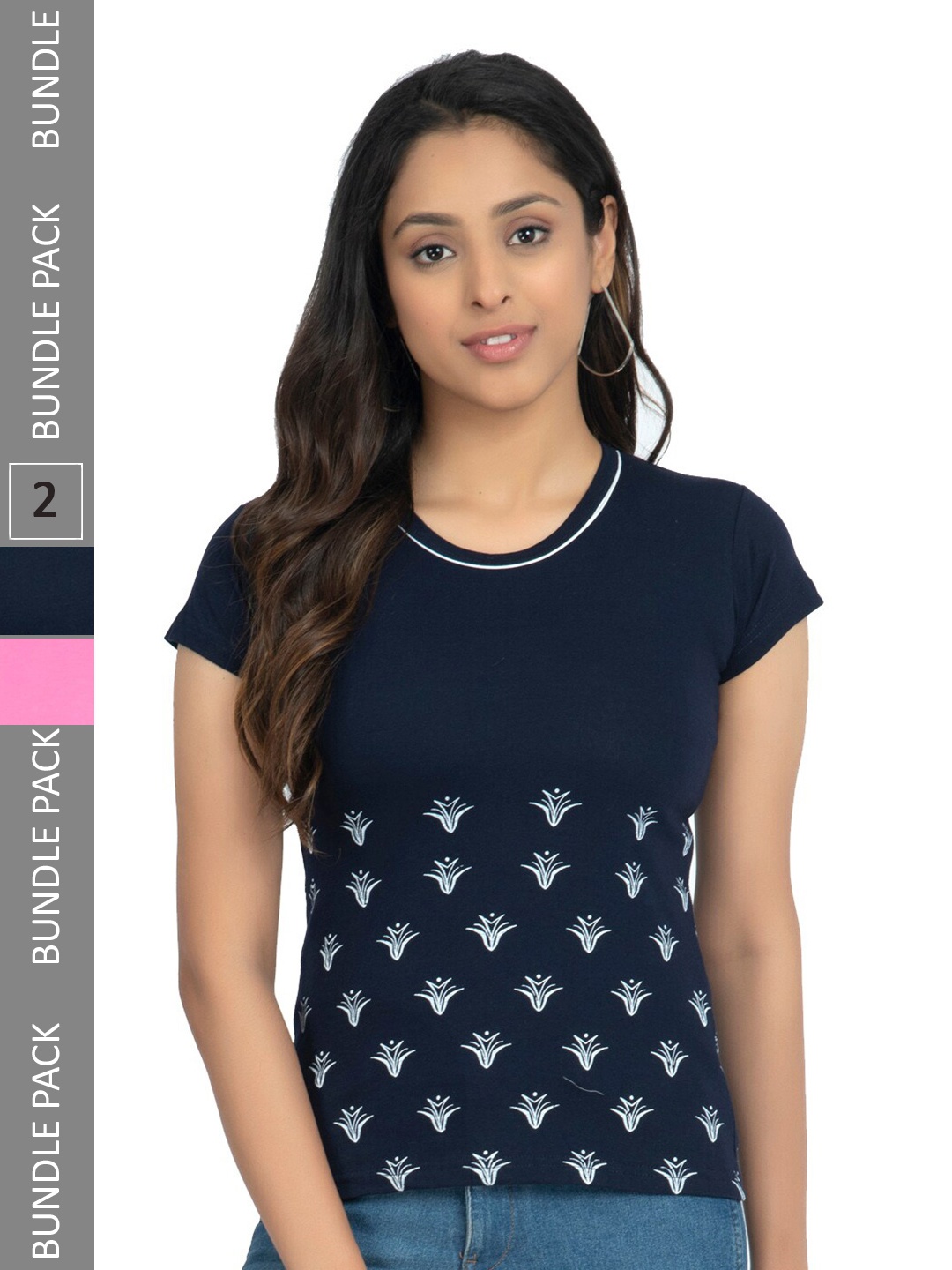 

IndiWeaves Pack Of 2 Floral Printed Pure Cotton T-shirt, Navy blue