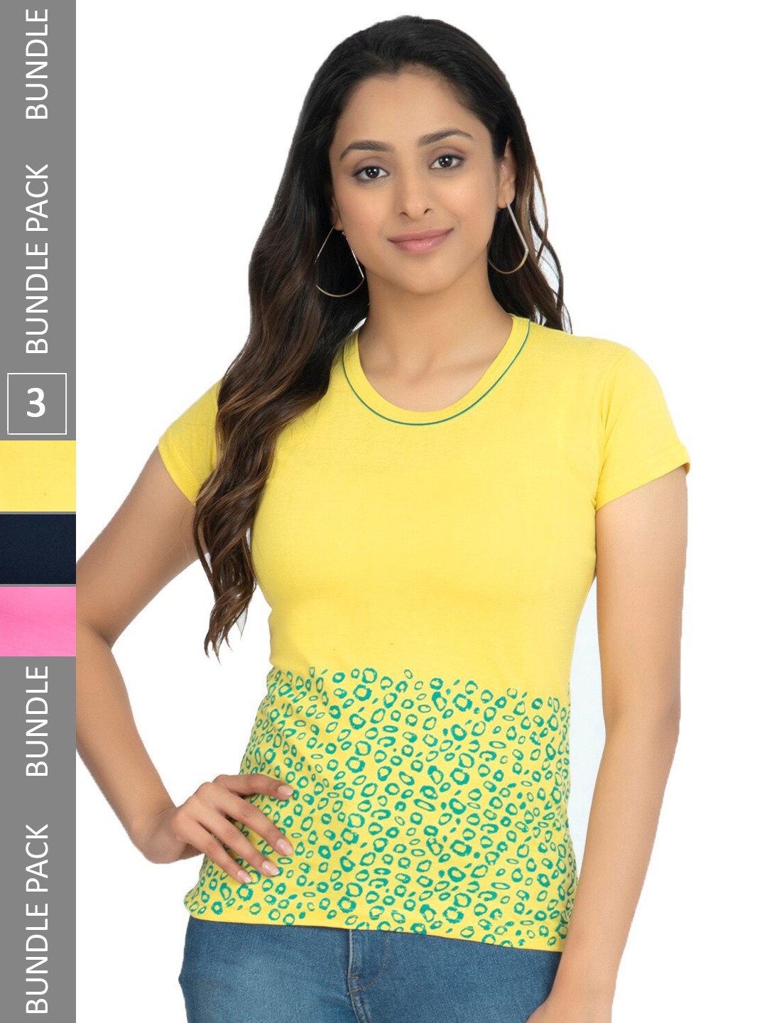 

IndiWeaves Pack Of 3 Floral Printed Pure Cotton T-shirt, Yellow