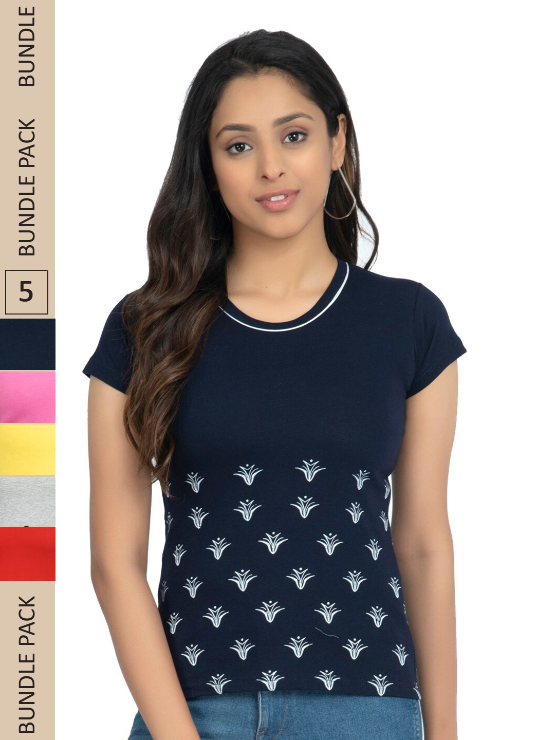 

IndiWeaves Pack Of 5 Floral Printed Pure Cotton T-Shirt, Navy blue