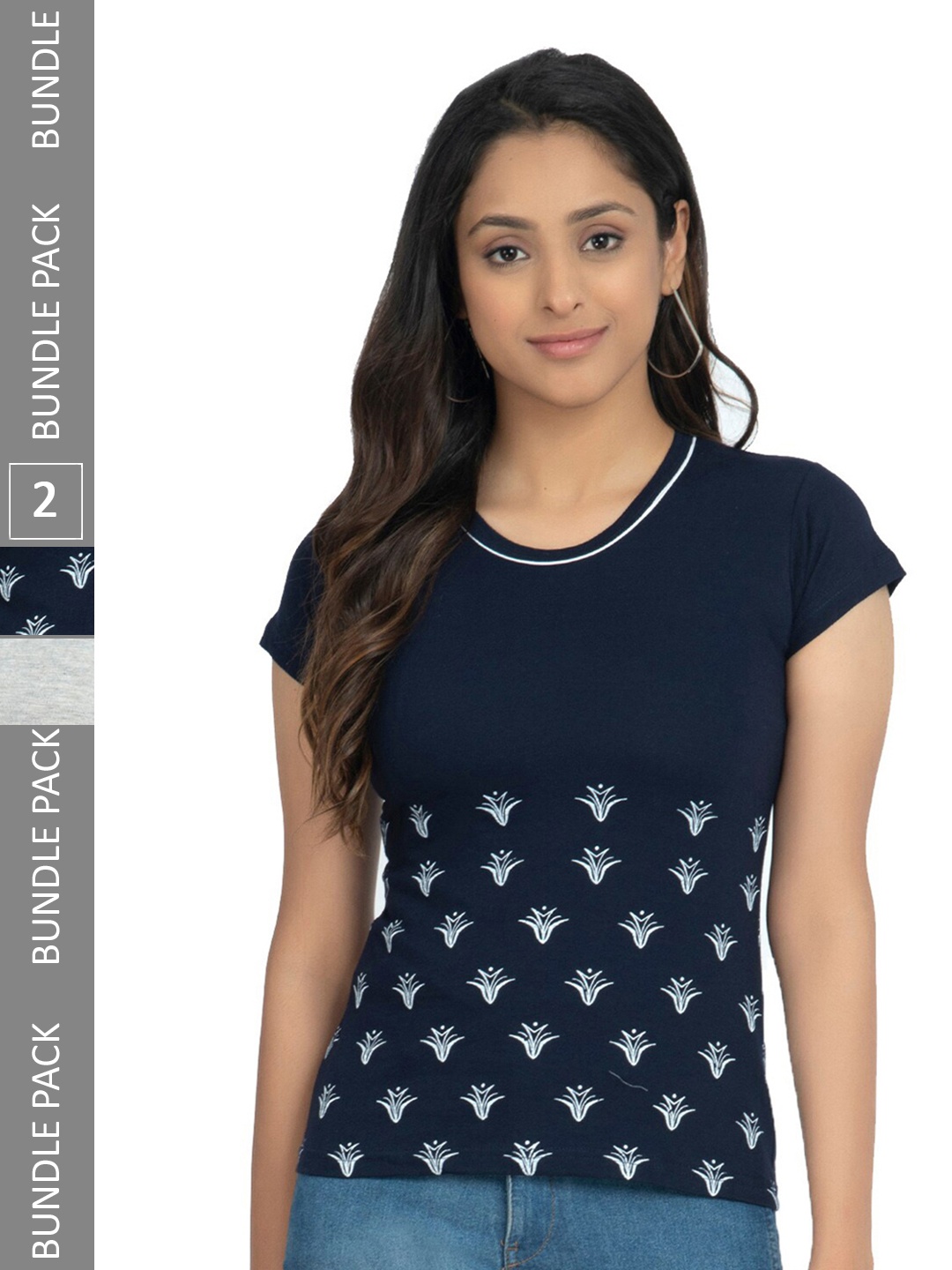 

IndiWeaves Pack Of 2 Printed Pure Cotton T-shirts, Navy blue