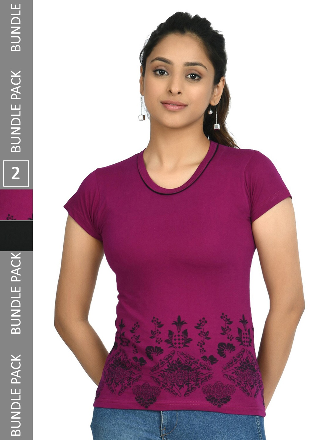 

IndiWeaves Pack Of 2 Floral Printed Pure Cotton T-shirt, Purple