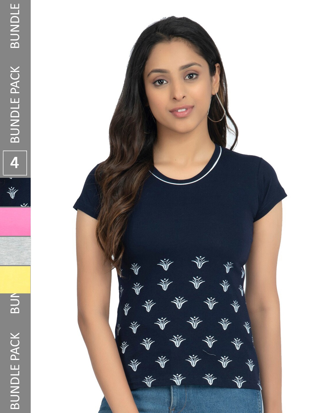 

IndiWeaves Pack of 4 Graphic Printed Pure Cotton T-shirt, Navy blue