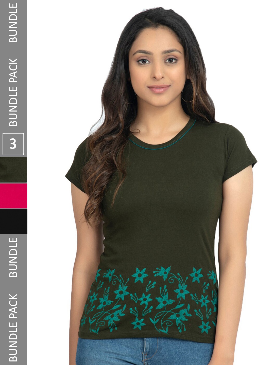 

IndiWeaves Pack of 3 Floral Print Pure Cotton T-shirt, Olive