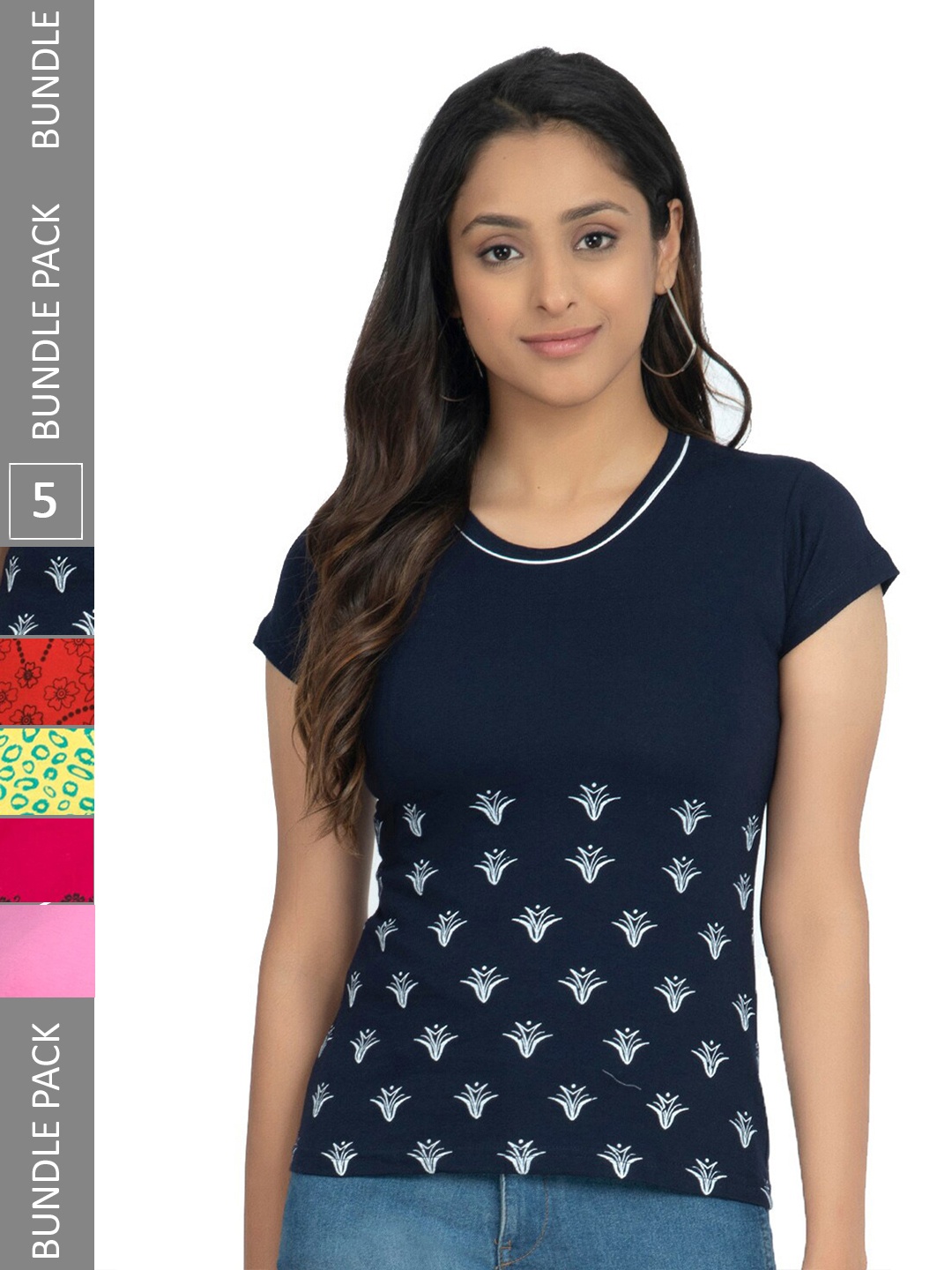 

IndiWeaves Pack Of 5 Printed Pure Cotton T-shirt, Navy blue