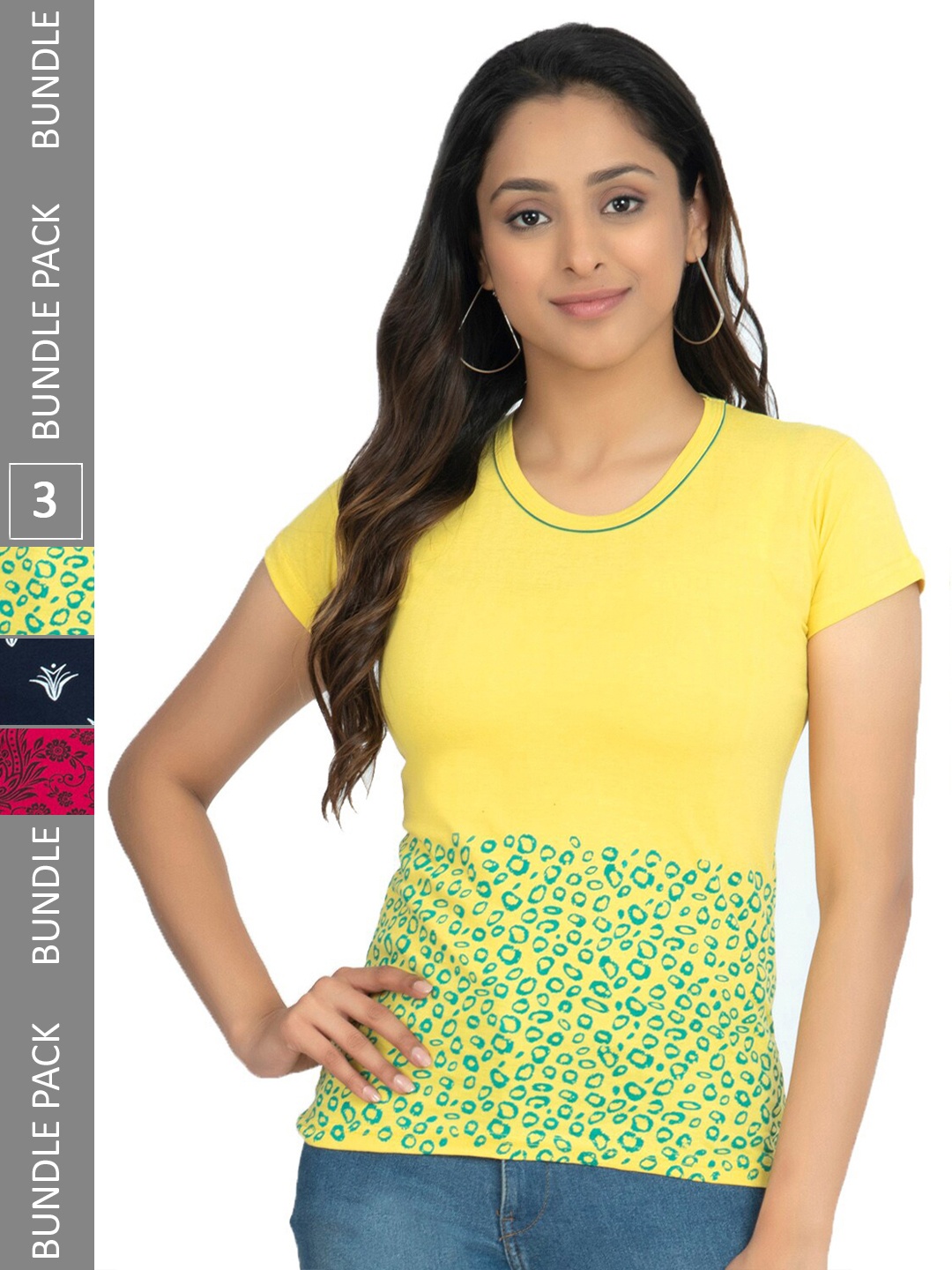 

IndiWeaves Pack Of 3 Printed Round Neck Pure Cotton T-shirt, Yellow