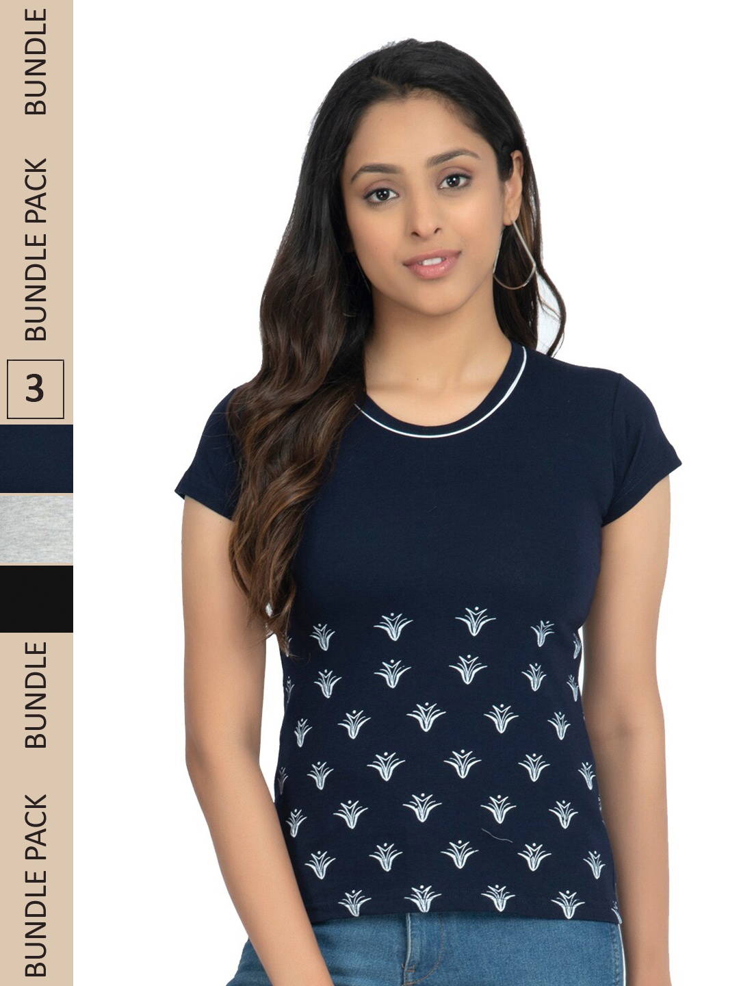 

IndiWeaves Pack Of 3 Printed Round Neck Pure Cotton T-shirt, Navy blue
