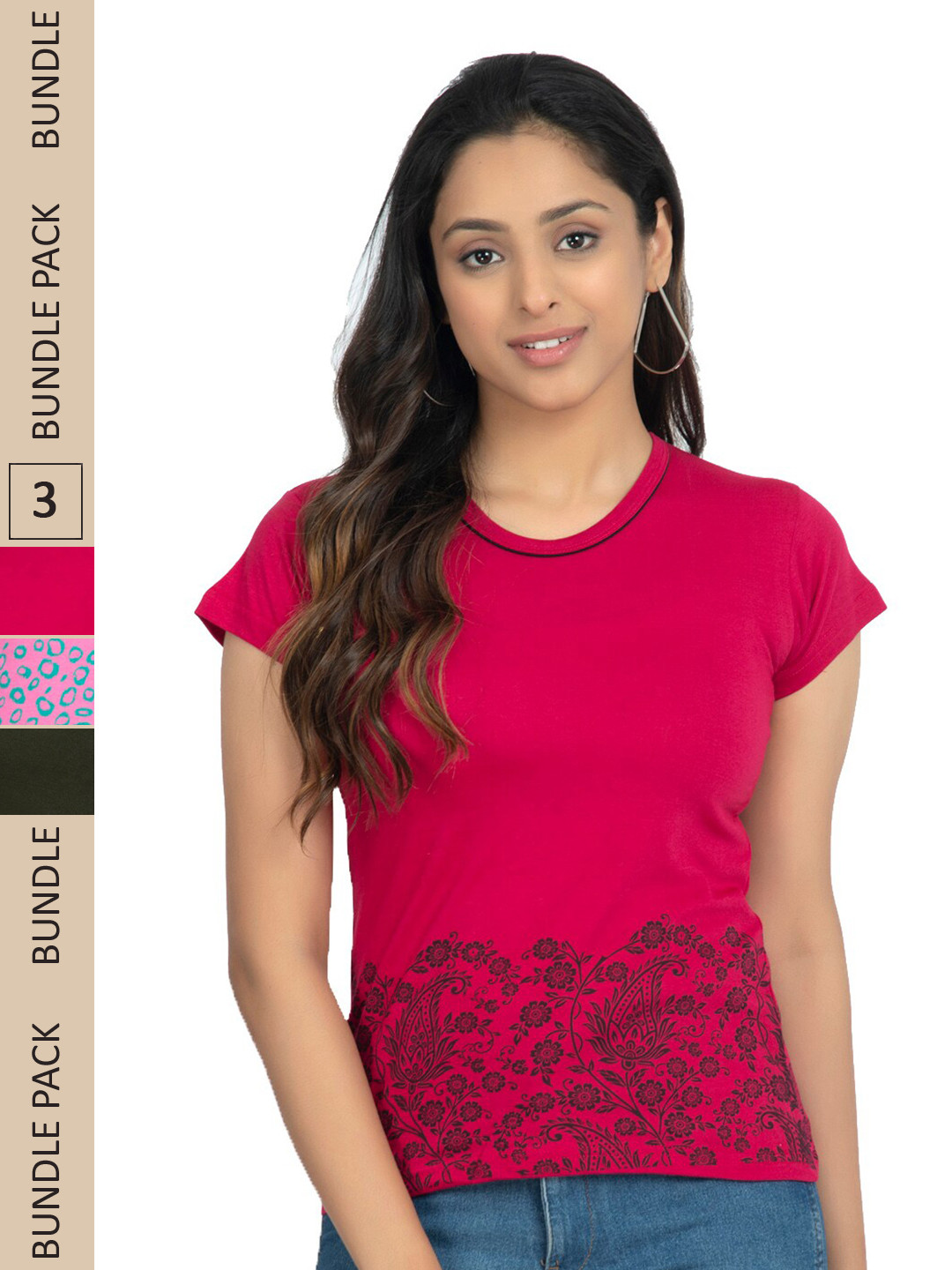 

IndiWeaves Pack Of 3 Printed Casual Pure Cotton T-shirts, Pink