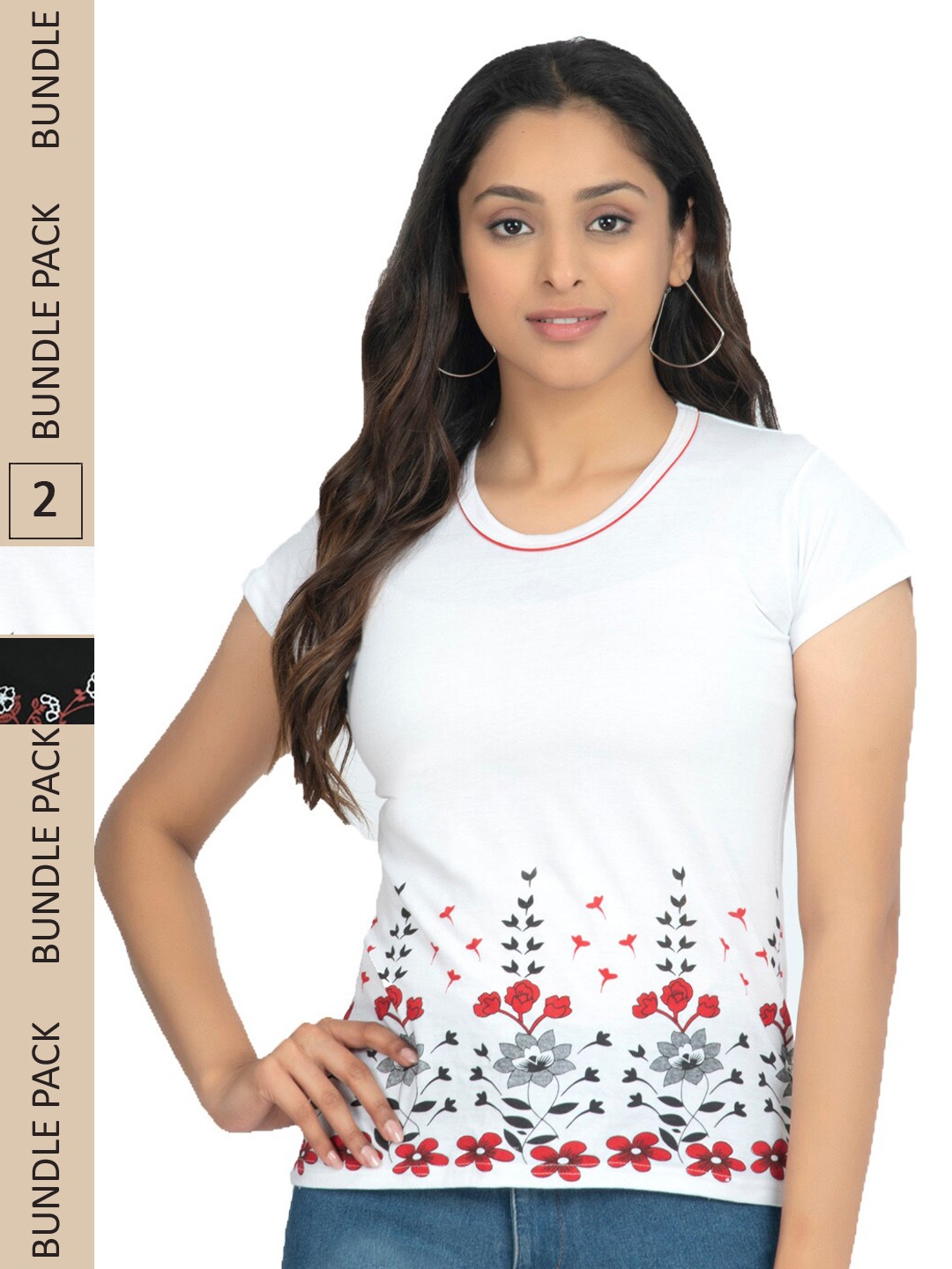 

IndiWeaves Pack Of 2 Floral Printed Pure Cotton T-shirt, White