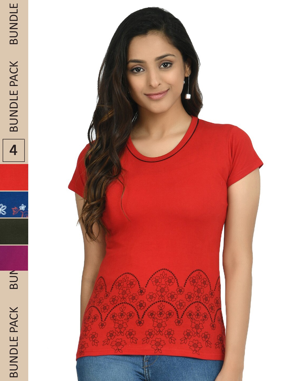 

IndiWeaves Pack Of 4 Printed Pure Cotton T-shirt, Red