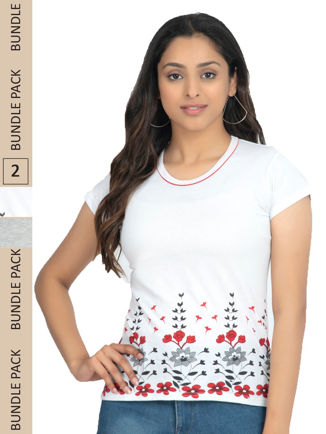 

IndiWeaves Pack Of 2 Floral Printed Pure Cotton T-shirt, White