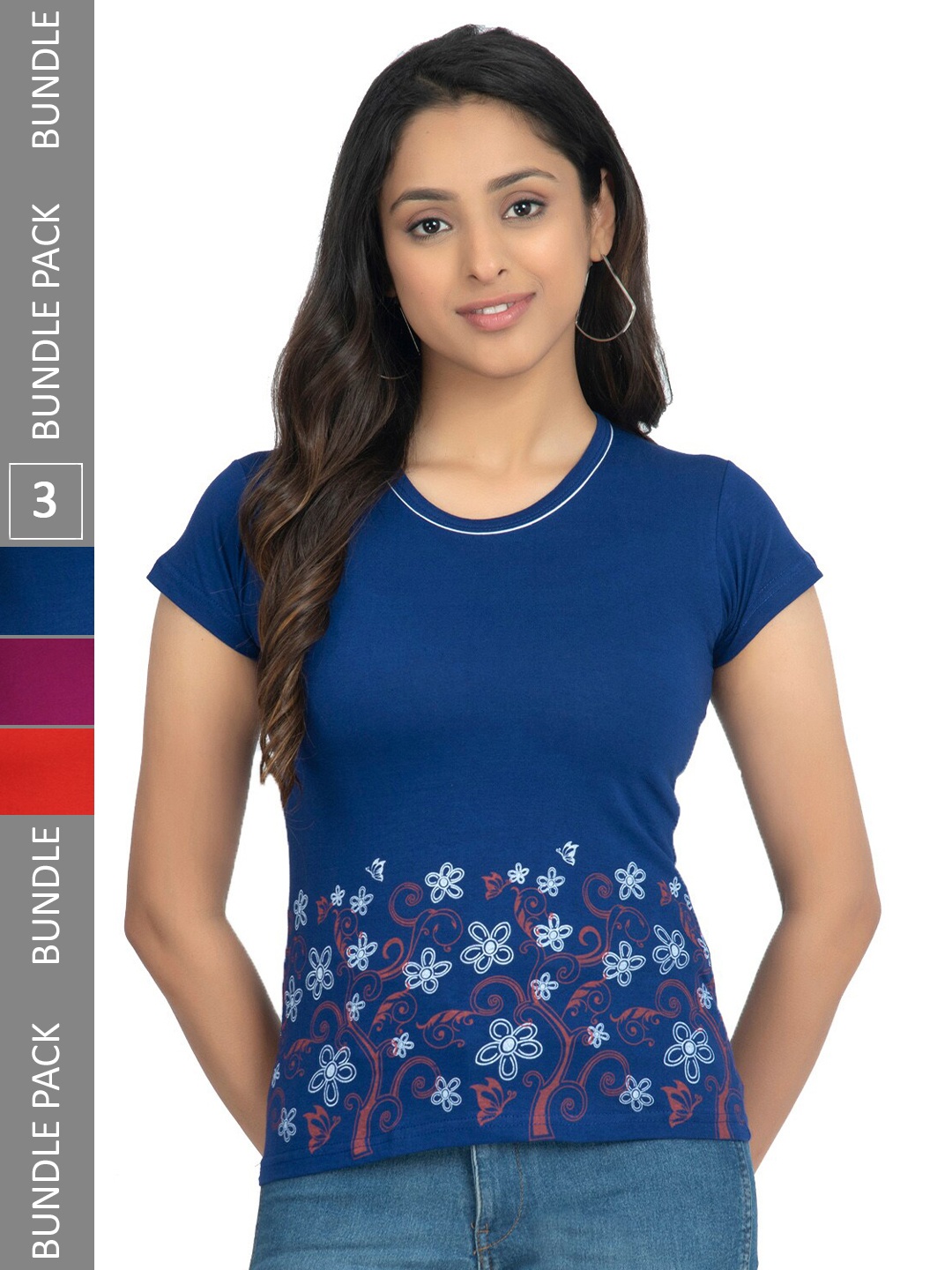 

IndiWeaves Pack Of 3 Floral Printed Pure Cotton T-shirt, Blue