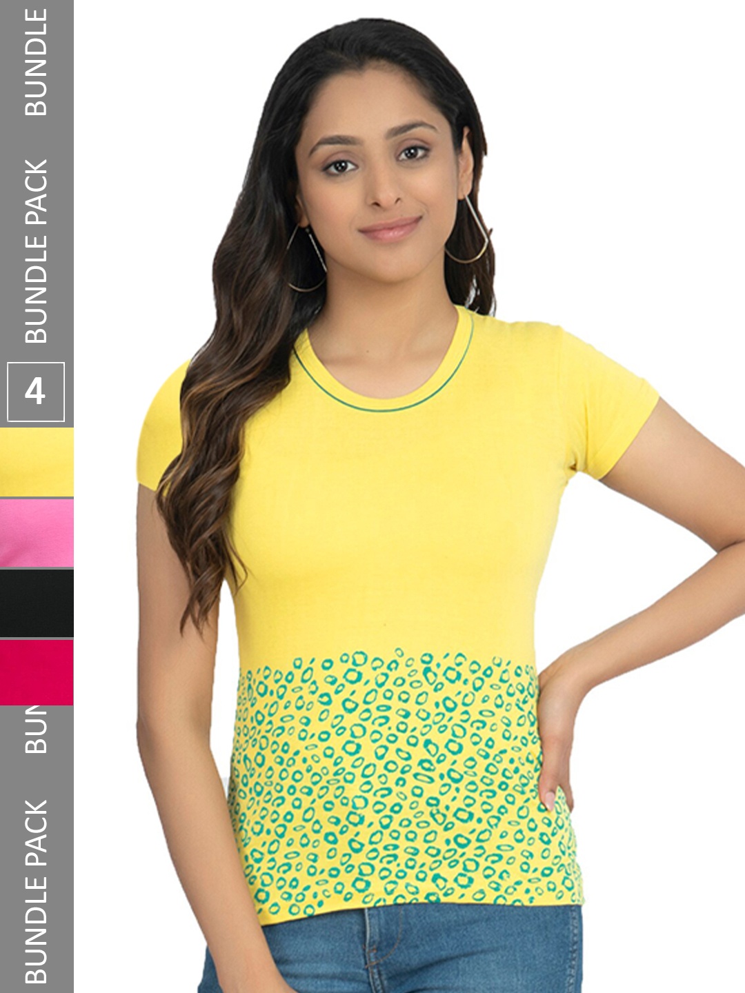 

IndiWeaves Pack Of 4 Printed Pure Cotton Casual T-Shirts, Yellow