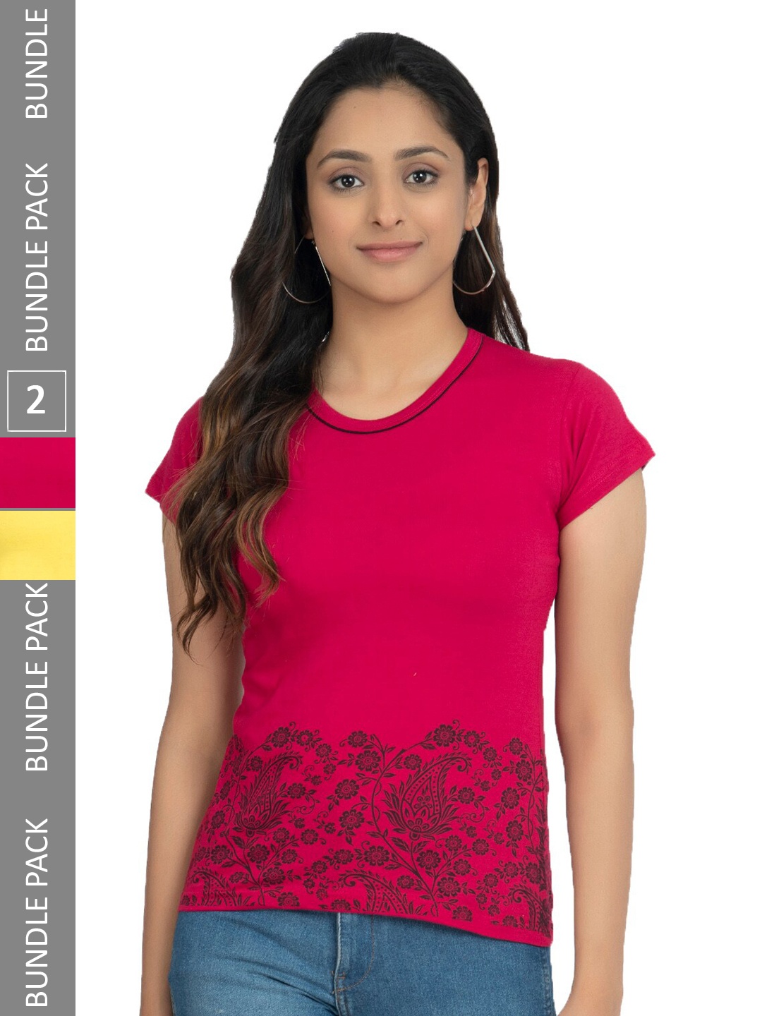

IndiWeaves Pack Of 2 Floral Printed Pure Cotton T-shirt, Pink