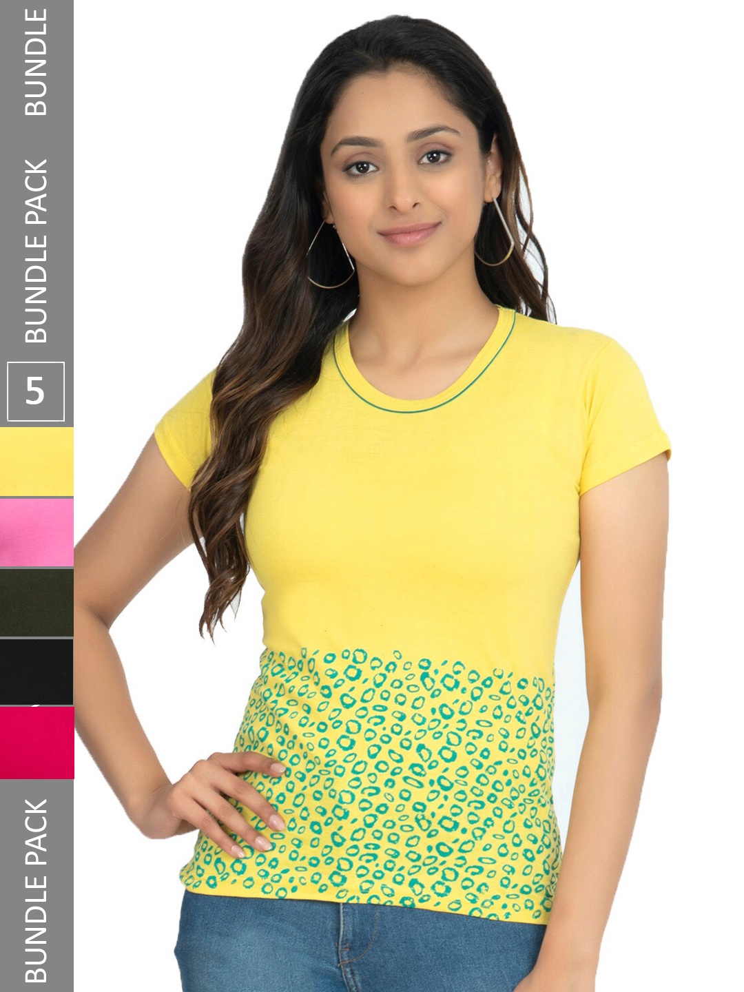 

IndiWeaves Pack Of 5 Printed Round Neck Pure Cotton T-shirt, Yellow