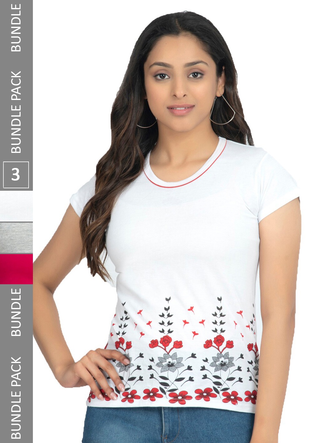 

IndiWeaves Pack Of 3 Floral Printed Pure Cotton T-shirt, White