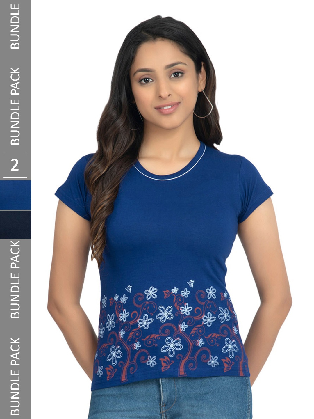 

IndiWeaves Pack Of 2 Printed Pure Cotton T-shirts, Navy blue