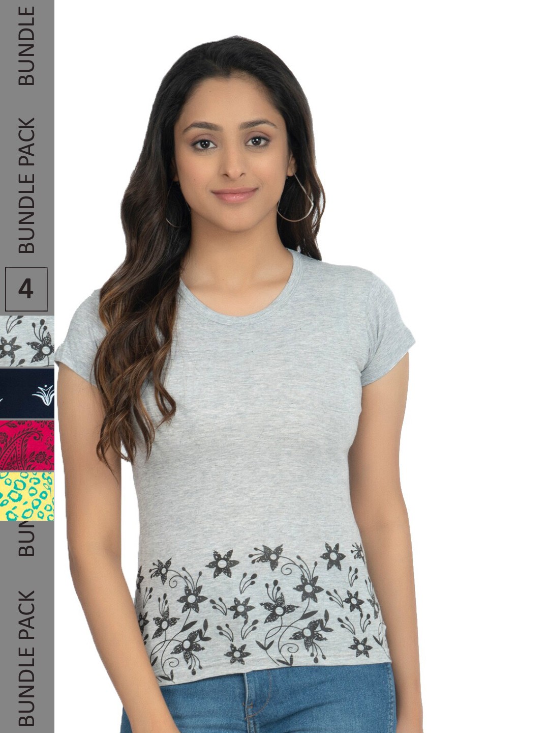 

IndiWeaves Pack Of 4 Floral Printed Pure Cotton T-shirt, Grey
