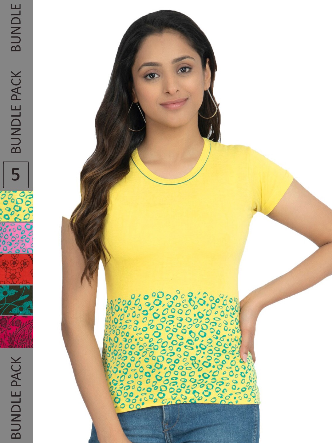 

IndiWeaves Pack Of 5 Printed Pure Cotton T-shirts, Yellow